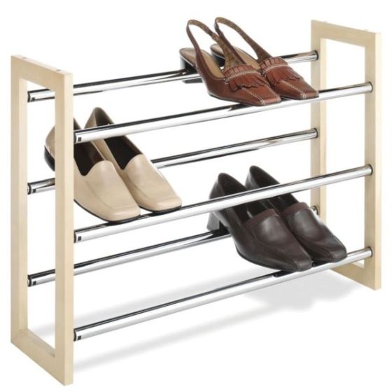 Whitmor 3 Tier Expandable Shoe Rack -Stackable - Natural Wood and Chrome
