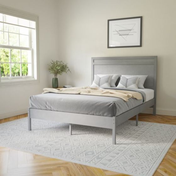 Solid Wood Platform Bed with Headboard and Wooden Slats in Light Brown - Full