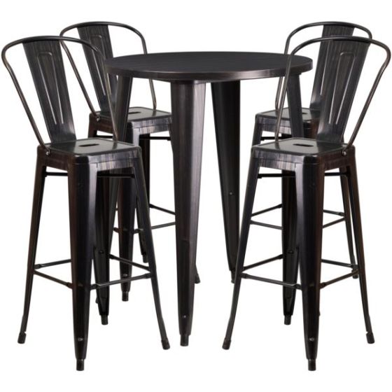 5 pc Round Bar Table Set: Black-Antique Gold Metal