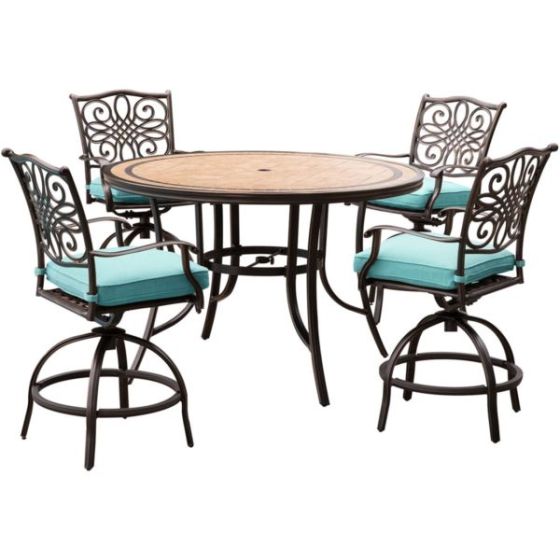 Monaco 5-Piece High-Dining Set in Blue with 4 Swivel Chairs and a 56 In. Tile-top Table