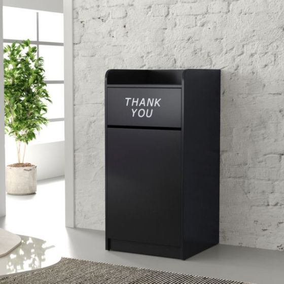 Wood Tray Top Receptacle in Black - Commercial Grade Push Door Trash Can