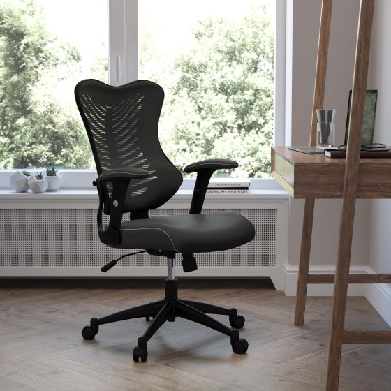 High Back Black Mesh Ergonomic Chair with LeatherSoft Seat and Adjustable Arms
