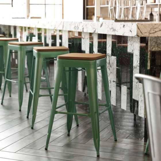 Indoor/Outdoor Backless Bar Stool with Poly Seat - Green/Teak