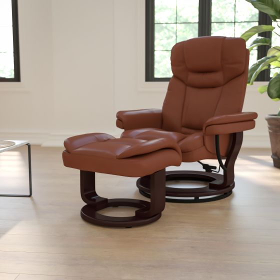 Brown Vintage LeatherSoft Recliner and Curved Ottoman with Mahogany Wood Base