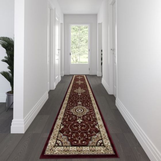 Medallion Motif Traditional Persian Style Olefin  Area Rug in Burgundy - 3 x 15