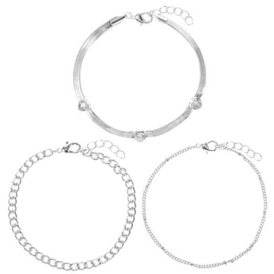 Chain Link Bracelets Set of 3 with Heart CZs- Silvertone