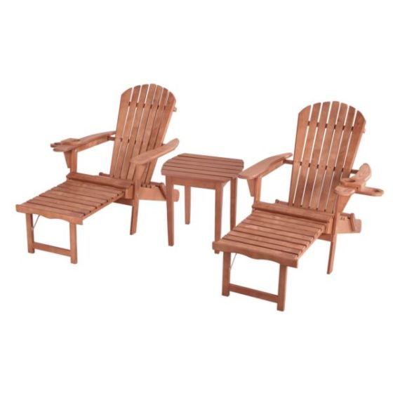 Oceanic Adirondack Chaise Lounge w/Ottoman & Beverage Holder, Set of 2 & End Table - Walnut