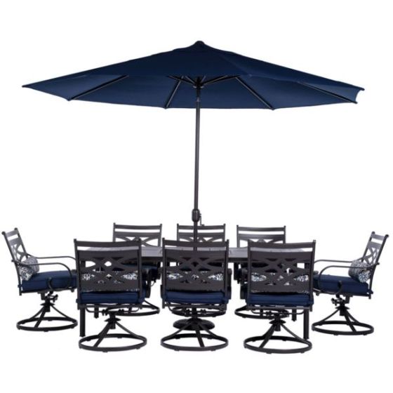 Montclair 9-Piece Dining Set in Navy Blue with 8 Swivel Rockers, 42-In. x 84-In. Table, 11 Ft. Umbre