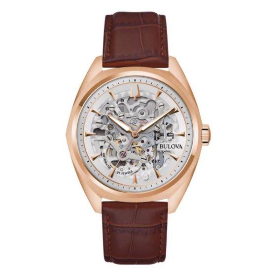 Men's Surveyor Automatic Brown Leather Strap Watch Silver Skeleton Dial