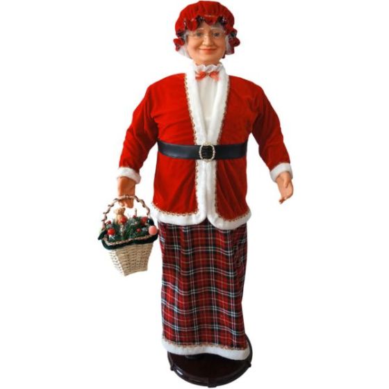 58-In. Dancing Mrs. Claus with Tartan Skirt and Gift Basket, Animated Indoor Christmas Holiday Home