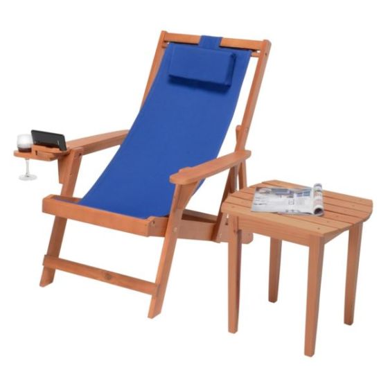 Romantic Collection - Canvas Sling Chair w/Beverage Holder & End Table - Walnut, Blue