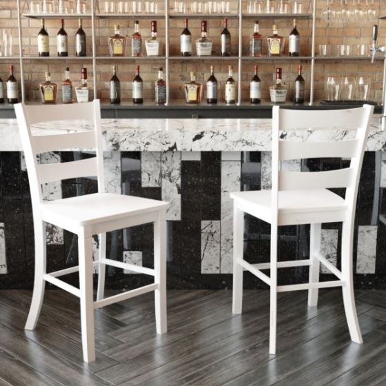 Commercial Grade Wooden Counter Height Stool in Antique White Wash, Set of 2