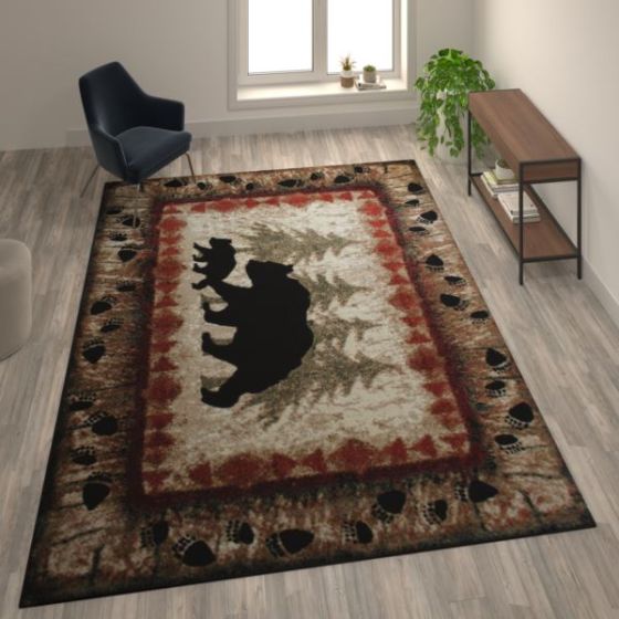 Wandering Bear and Cub Rustic Olefin Area Rug in Brown - Jute Backing - 8' x 10'