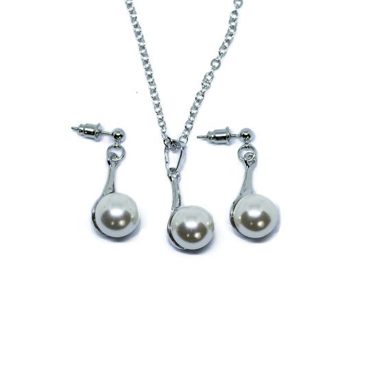 Silver Tone and Pearl Teardrop Necklace and Earring Set