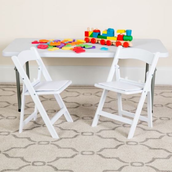 2 Pack Kids White Resin Folding Chair with White Vinyl Padded Seat
