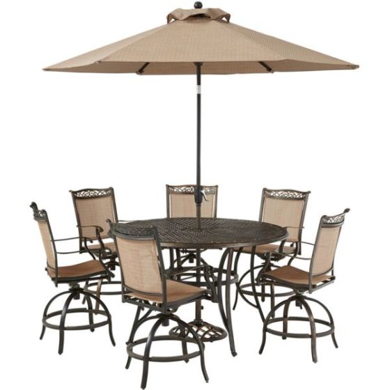 Fontana 7-Piece High-Dining Set with 6 Counter-Height Swivel Chairs, 60-In. Cast-Top Table, Umbrella