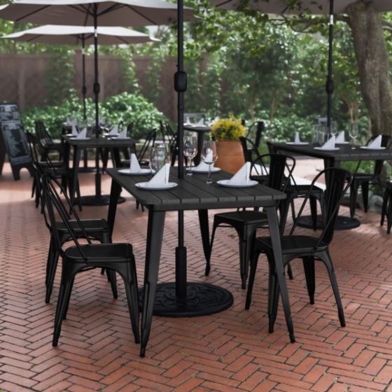 30x60 Commercial Poly Resin Restaurant Table with Umbrella Hole - Black/Black