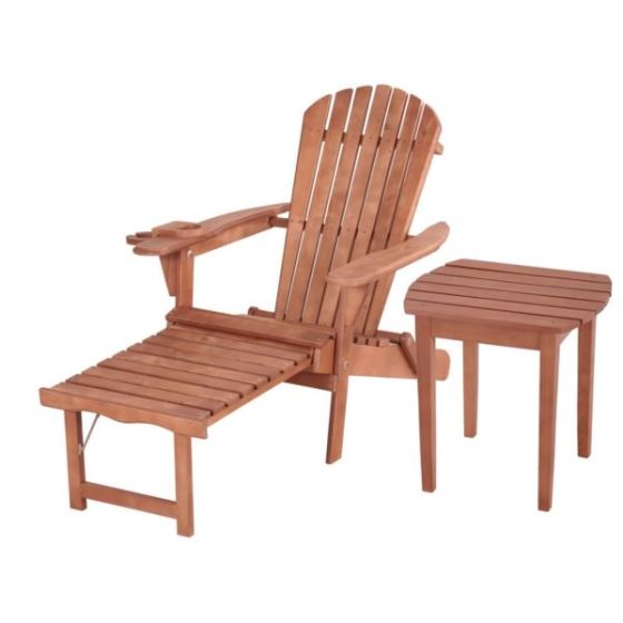 Oceanic Adirondack Chaise Lounge w/Ottoman & Beverage Holder & End Table - Walnut