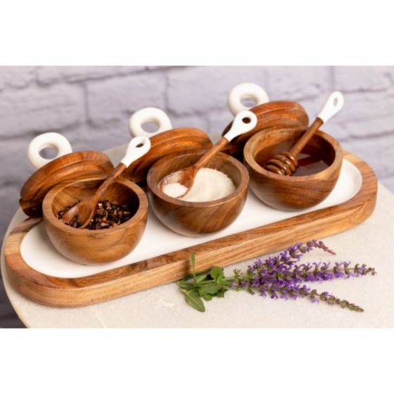 Jeanne Fitz Wood + White Collection Acacia Wood 3 Dipping Bowls with Charcuterie Utensils