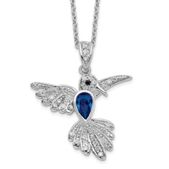 Sterling Silver Cheryl M CZ and Lab Created Blue Spinel Hummingbird Necklace
