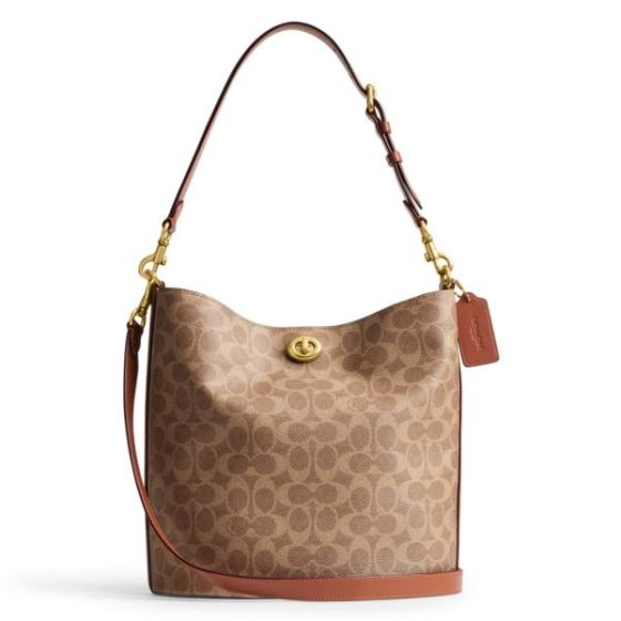 Coated Canvas Signature Willow Soft Bucket Bag - Tan Caramel/Brass