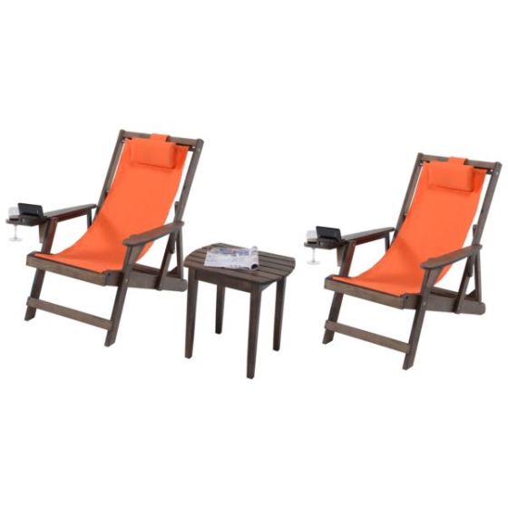 Romantic Collection - 2 Canvas Sling Chairs w/Beverage Holder & 1 End Table - Dark Brown, Orange
