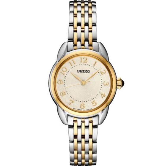 Seiko Essentials Ladies TT Analog Cream Dial w/Numbers, Gold/Silver bracelet, Gold bezel