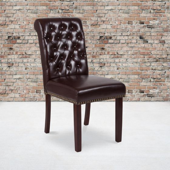 Brown LeatherSoft Parsons Chair w/Rolled Back, Accent Nail Trim &Walnut Finish