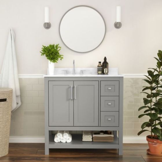 36 Inch Bathroom Vanity with Sink, Open Storage, and Storage Drawers in Gray