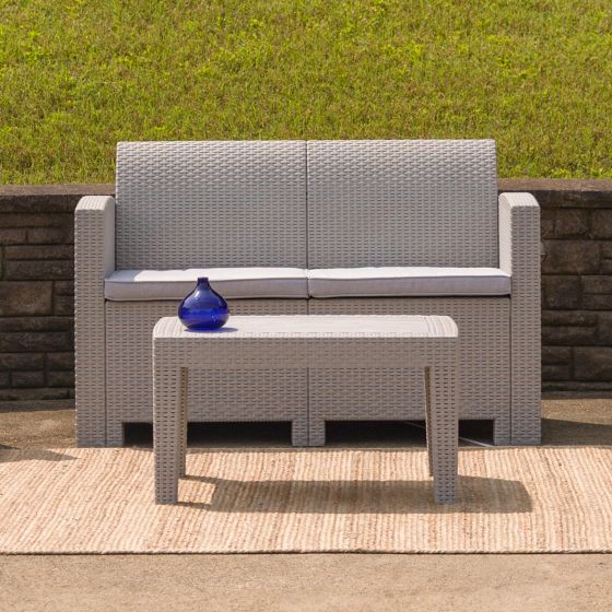 Lt Gray Faux Rattan Loveseat with All-Weather Light Gray Cushions - Patio Chair