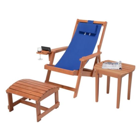 Romantic Collection - Canvas Sling Chair w/Beverage Holder, Ottoman, & End Table - Walnut, Blue