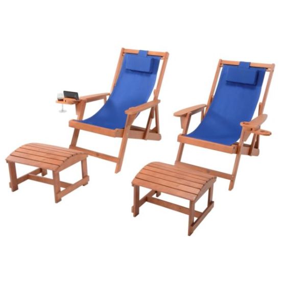 Romantic Collection - 2 Canvas Sling Chairs w/Beverage Holder & 2 Ottoman - Walnut, Blue