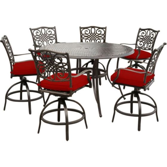 Traditions 7-Piece High-Dining Set in Red with 6 Swivel Chairs and a 60 In. Cast-Top Table