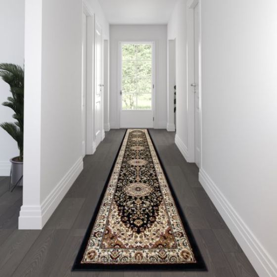 Multipurpose Persian Style Olefin Medallion Area Rug in Black - 3' x 20'
