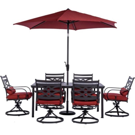 Montclair 7-Piece Dining Set in Chili Red with 6 Swivel Rockers, 40-In. x 66-In. Dining Table and 9-