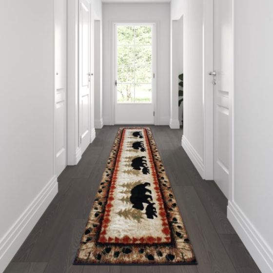 Wandering Bear and Cub Rustic Olefin Area Rug in Brown - Jute Backing - 3' x 10'