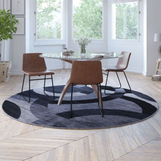Modern Round Geometric Design Area Rug in Black, Gray, and White - 5' x 5'