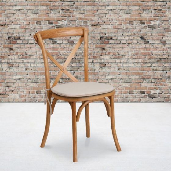 Stackable Oak Wood Cross Back Chair with Cushion - Dining Room Seating