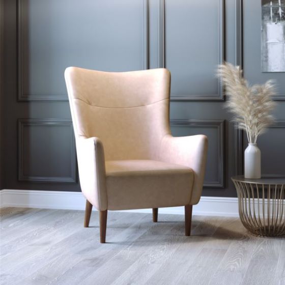 Commercial Wingback Accent Chair with Wooden Legs in Light Brown Faux Leather
