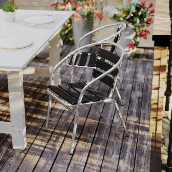 Commercial Metal Indoor-Outdoor Stack Chair-Black Triple Slat Faux Teak Back