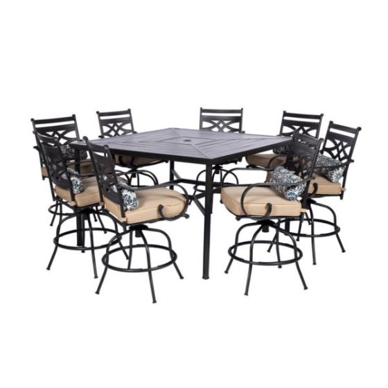 Montclair 9-Piece High-Dining Set in Tan with 8 Counter-Height Swivel Chairs and 60-Inch Square Tabl