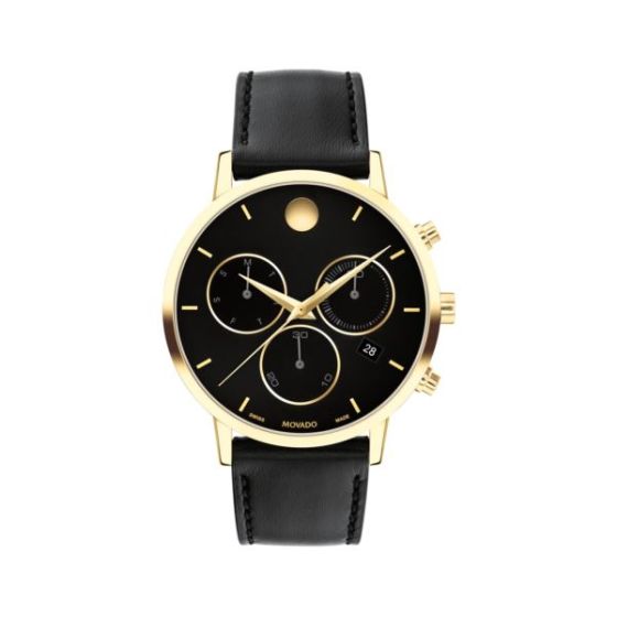 Men's Museum Classic Chronograph Gold & Black Leather Strap Watch Black Dial