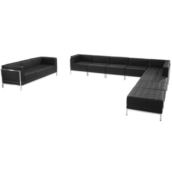 10 Piece Black LeatherSoft Modular Sectional & Sofa Set - Stainless Steel Legs