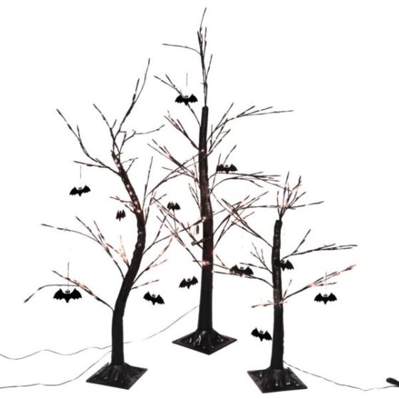 Set of 3 Halloween Trees with Bats and Orange LED Lights, 3-ft., 4-ft., and 5-ft.