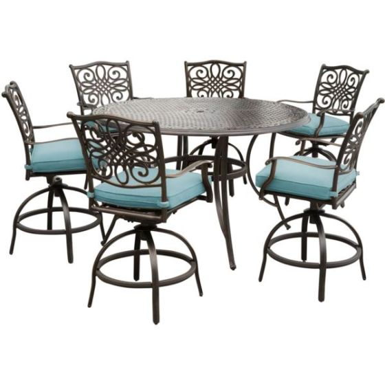 Traditions 7-Piece High-Dining Set in Blue with 6 Swivel Chairs and a 60 In. Cast-Top Table