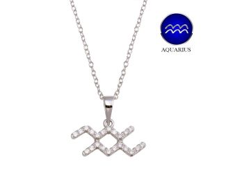 PARIKHS Rhodium Plated Aquarius CZ Zodiac Sign Necklace in 925 Sterling Silver