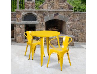 30" Round Yellow Metal Indoor-Outdoor Table Set with 2 Arm Chairs