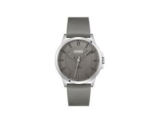 Mens First Silver & Gray Leather Strap Watch Gray Dial