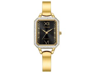 Ladies' Crystal Eco-Drive watch, Gold-Tone Stainless Steel Bracelet with Black dial