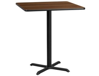 36" Square Walnut Laminate Table Top with 30" x 30" Bar Height Table Base